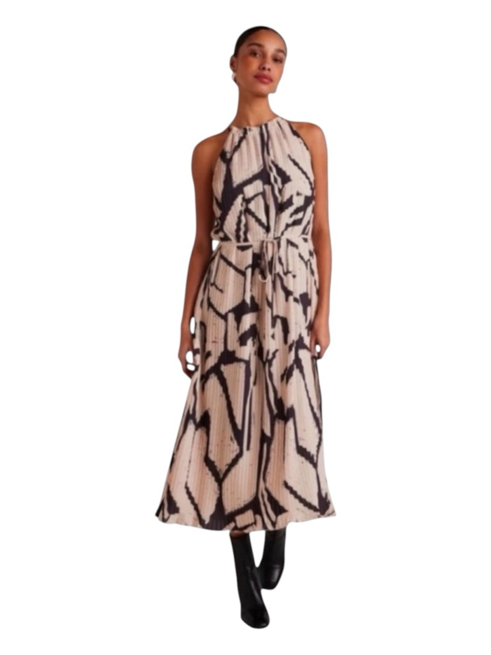 BELLA DAHL Pleated Halter Midi Dress, Ivory & Black Mosaic Print, Size S.